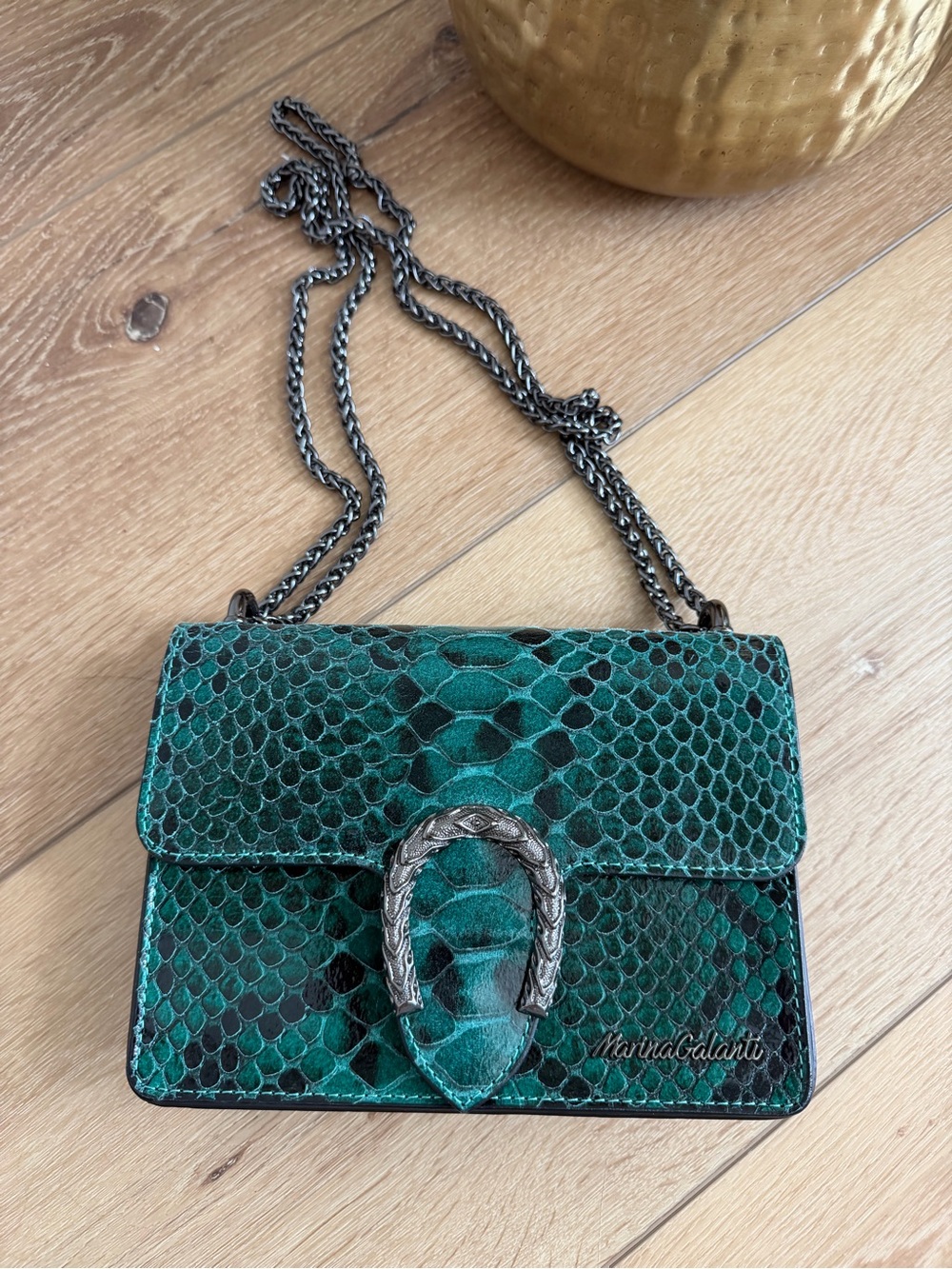 Marina Galanti Green Python-Texture Chain Crossbody Bag